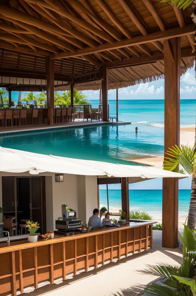 Crie uma area externa de um hotel tropical, with spaces to eat