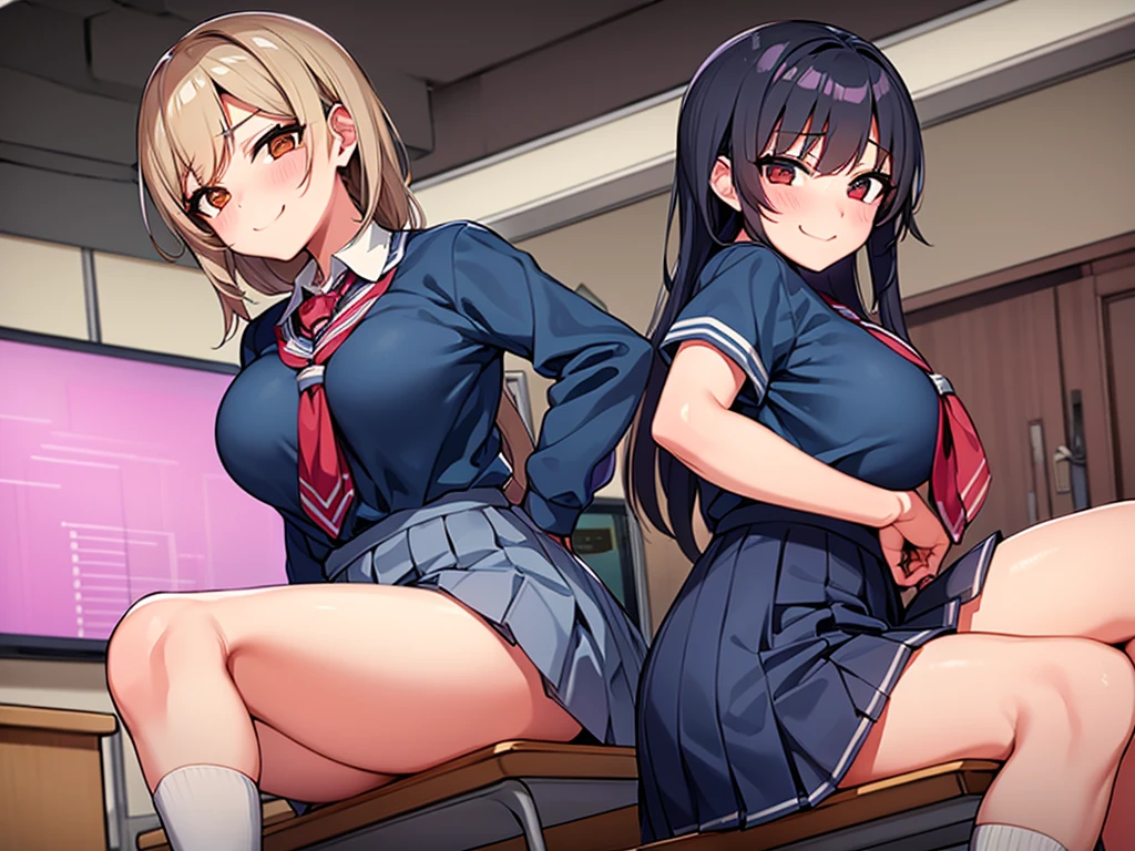 high school girl、Dressed in high 、School classroom、()、((独奏))、one girl、smirk、Crossing legs