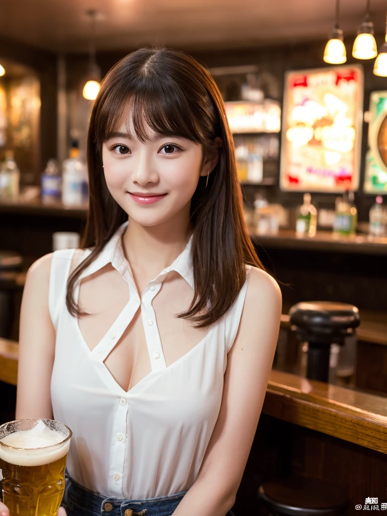 A very cute face like an idol、Looks like a young face、20-year-old female、Gentle and cute、A kind smile、White, sheer collared blouse、((whole body像))、Cleavage、A crowded bar、Toast with a beer mug、Cinema lighting、Natural light、whole body、RAW Photos、Genuine、Artistic、(High level of artistry)、High quality that is indistinguishable from real life、realism、Real Stick、High resolution、masterpiece
