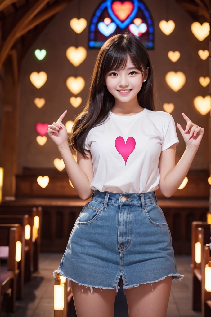 Girl making a heart shape with her whole body２people　　The background is a church　Bright　smile　