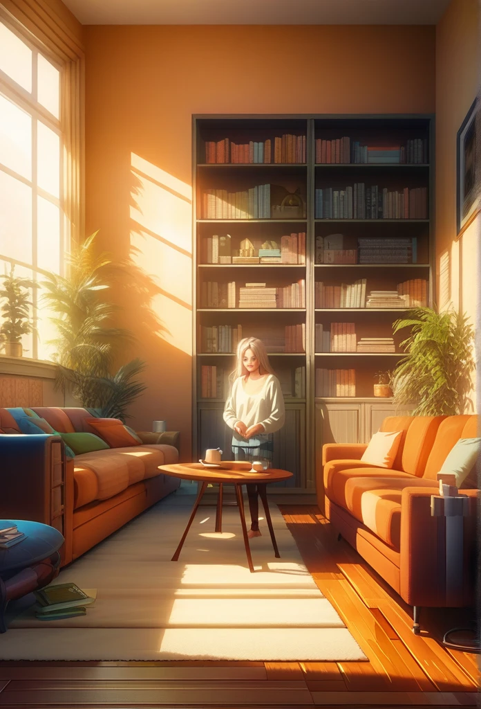 A high-quality, high-resolution anime illustration of a 20-year-old beautiful woman, full-body view, standing in a cozy living room, detailed background, warm colors, casual clothing, sunlight streaming through the window, coffee table with a cup of tea, bookshelf filled with books, plants in the corner, realistic lighting, morning light, relaxed atmosphere, soft shadows, wooden floor, modern decor, comfortable and inviting space, high detail, vibrant colors, expressive facial features, natural pose