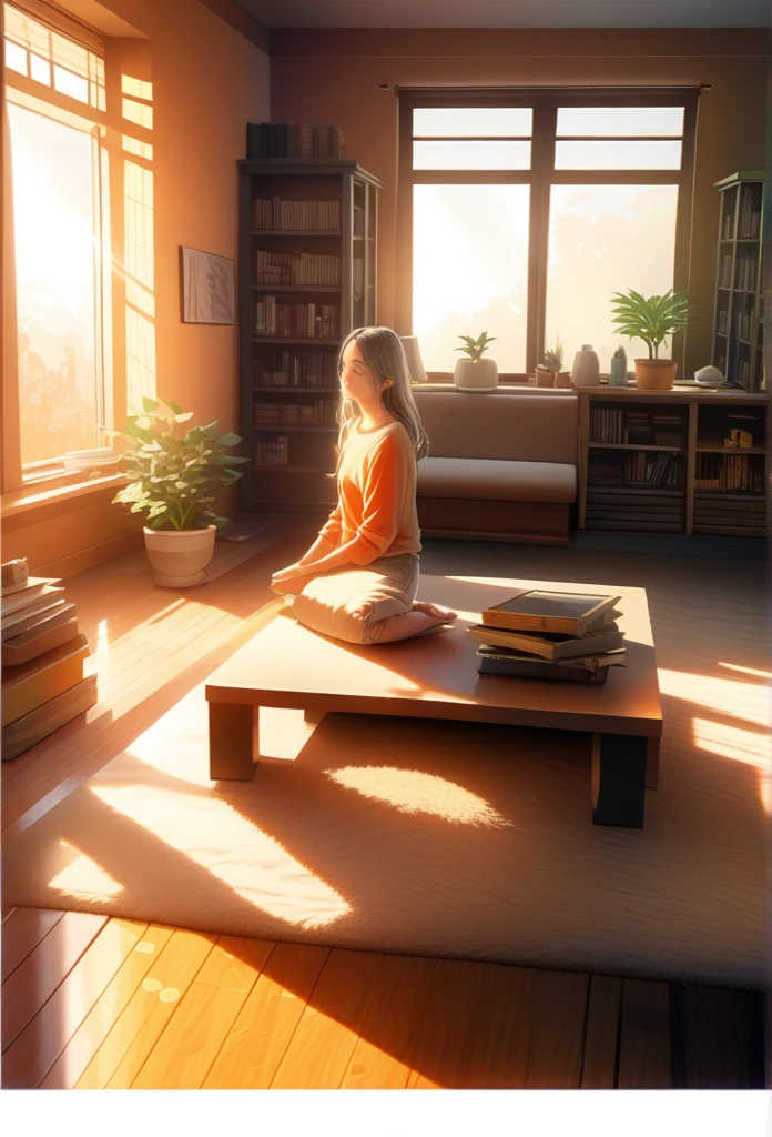 A high-quality, high-resolution anime illustration of a 20-year-old beautiful woman, full-body view, standing in a cozy living room, detailed background, warm colors, casual clothing, sunlight streaming through the window, coffee table with a cup of tea, bookshelf filled with books, plants in the corner, realistic lighting, morning light, relaxed atmosphere, soft shadows, wooden floor, modern decor, comfortable and inviting space, high detail, vibrant colors, expressive facial features, natural pose