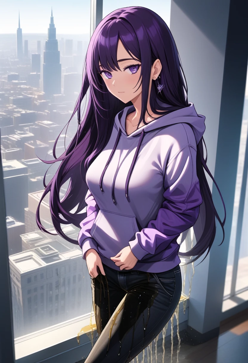 (masterpiece:1.37), best quality, (extremely detailed:1.37), office, window overlooking a bustling cityscape, woman, (mature:1.75), (adult:1.5), (very long hair:1.5), dark purple hair, purple eyes, (extremely detailed eyes:1.37), breasts stylish hoodie, jeans, (wetting herself:2.0), standing straight, (desperation:1.5), full body day, daytime, glow, facing viewer, perfect composition, Perfect light and shadow, 8K