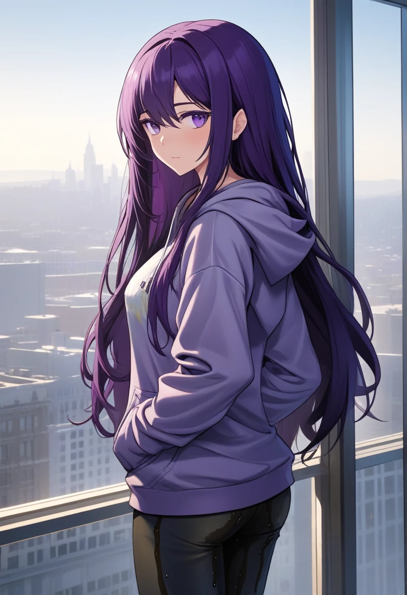 (masterpiece:1.37), best quality, (extremely detailed:1.37), office, window overlooking a bustling cityscape, woman, (mature:1.75), (adult:1.5), (very long hair:1.5), dark purple hair, purple eyes, (extremely detailed eyes:1.37), breasts stylish hoodie, jeans, (wetting herself:2.0), standing straight, (desperation:1.5), full body day, daytime, glow, facing viewer, perfect composition, Perfect light and shadow, 8K