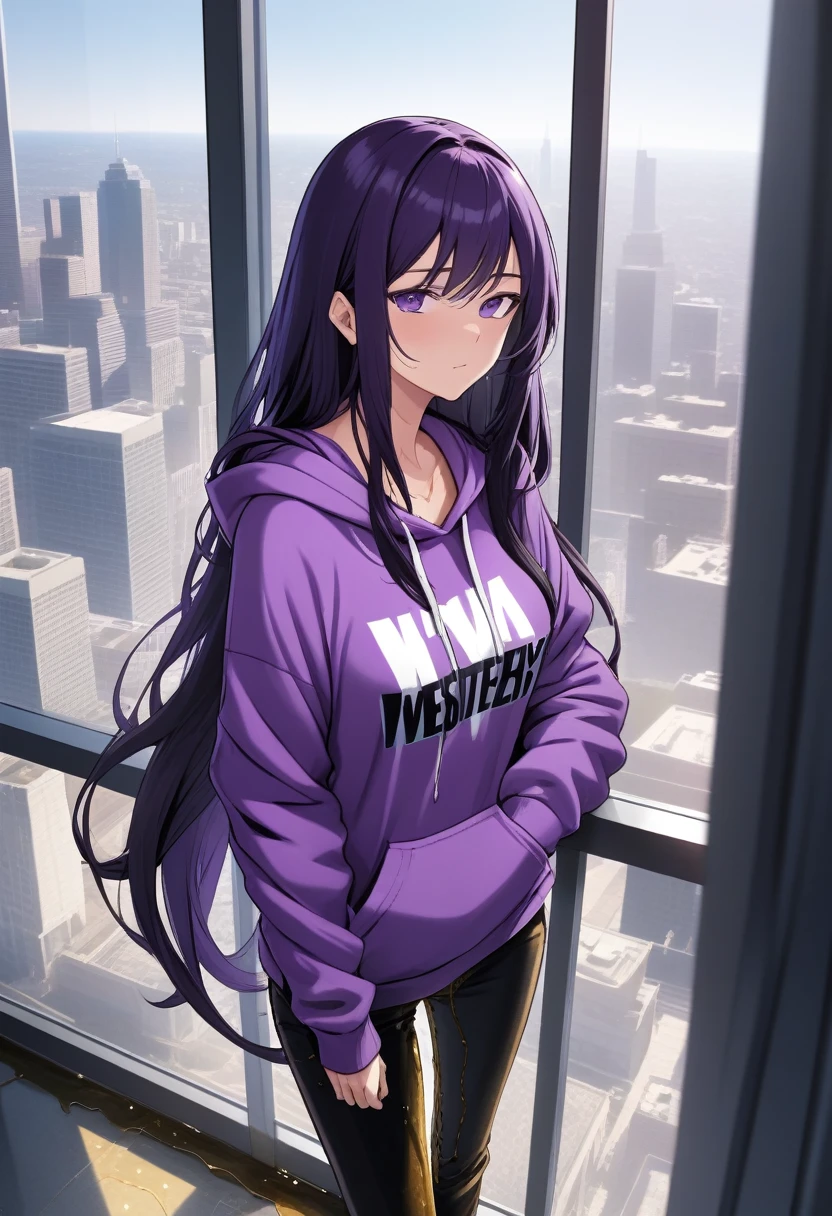 (masterpiece:1.37), best quality, (extremely detailed:1.37), office, window overlooking a bustling cityscape, woman, (mature:1.75), (adult:1.5), (very long hair:1.5), dark purple hair, purple eyes, (extremely detailed eyes:1.37), breasts stylish hoodie, jeans, (wetting herself:2.0), standing straight, (desperation:1.5), full body day, daytime, glow, facing viewer, perfect composition, Perfect light and shadow, 8K