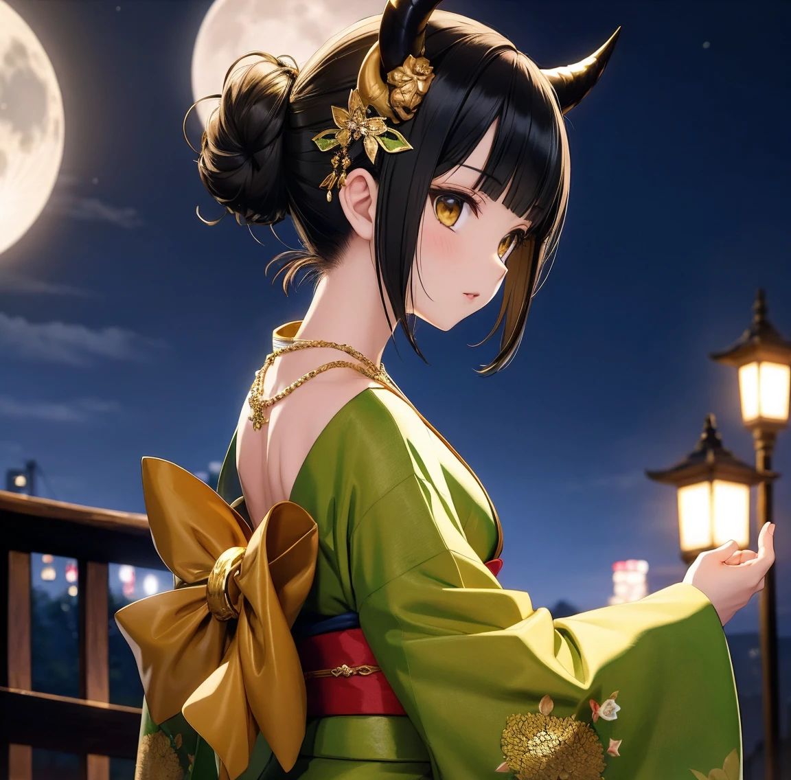 1 person、Green gorgeous kimono、,race,Black Hair、Short bun hair、hair ornaments、necklace、back、Golden devil horns、Anatomically correct,Moonlight at night、