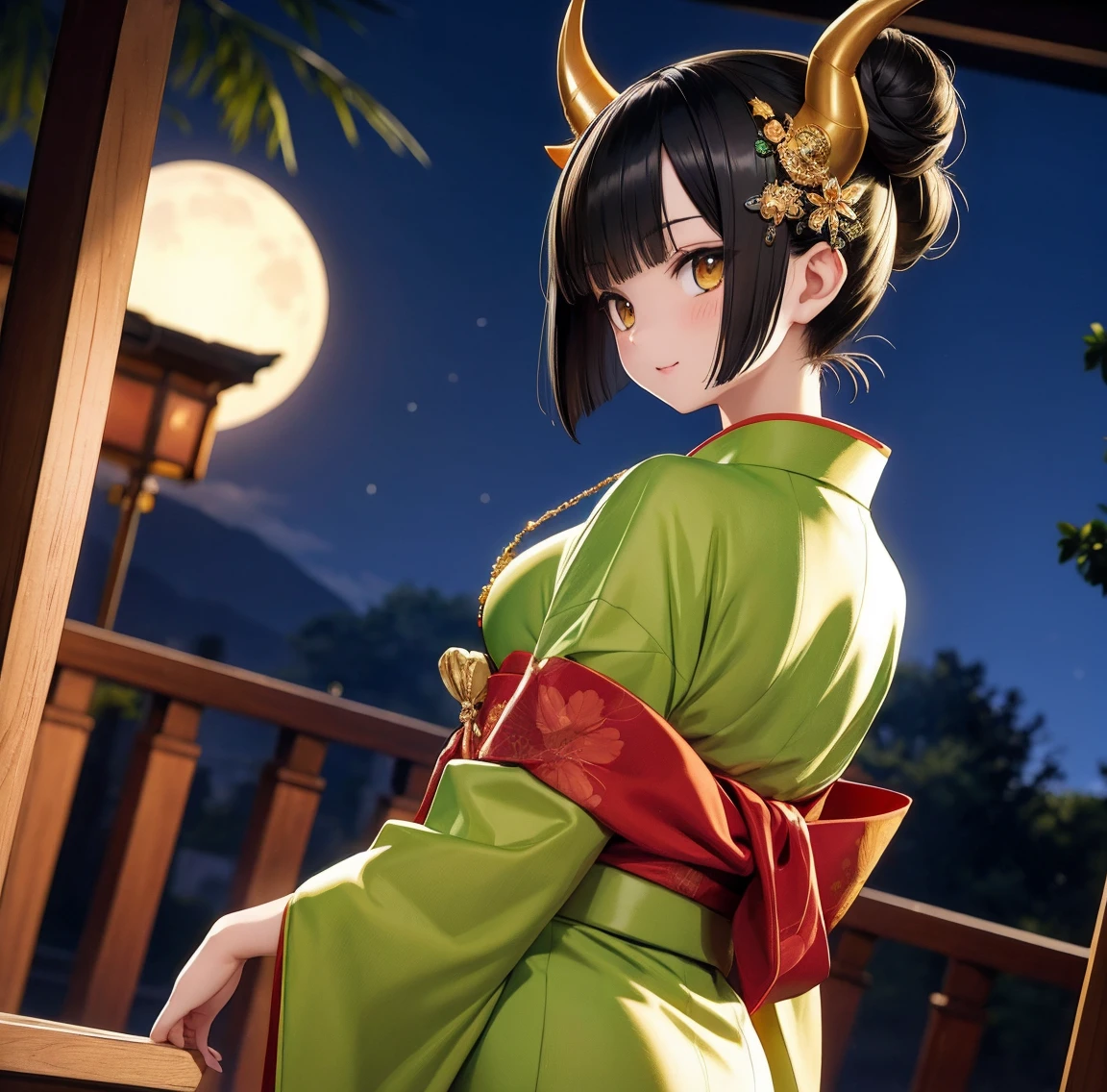 1 person、Green gorgeous kimono、,race,Black Hair、Short bun hair、hair ornaments、necklace、back、Golden devil horns、Anatomically correct,Moonlight at night、