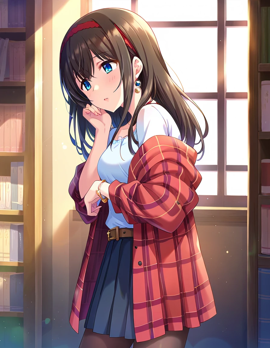 nsfw, score_9, score_8_superior, score_7_superior, sauce_anime,
One girl, Cute Woman, alone, shy, Standing, , worried, From the side,
indoor, library, sunlight, window,  Bookshelf, 
 sgswfmk, Long Hair, Brown Hair, Black Hair, Long bangs, (目のsuperiorの髪:1.1), blue eyes, Large Breasts, 
Red Hairband,
lipstick, Fine grain, eyelash, eyeliner, jewelry, necklace, bracelet, Earrings, 
Casual Dresses,  sweater,  Off the shoulder, clavicle,  Long sleeve, Pleated skirt, belt, pantyhose,  Checked shawl,