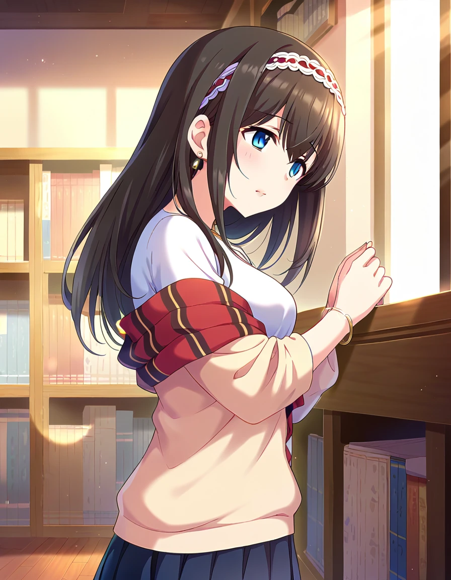 nsfw, score_9, score_8_superior, score_7_superior, sauce_anime,
One girl, Cute Woman, alone, shy, Standing, , worried, From the side,
indoor, library, sunlight, window,  Bookshelf, 
 sgswfmk, Long Hair, Brown Hair, Black Hair, Long bangs, (目のsuperiorの髪:1.1), blue eyes, Large Breasts, 
Red Hairband,
lipstick, Fine grain, eyelash, eyeliner, jewelry, necklace, bracelet, Earrings, 
Casual Dresses,  sweater,  Off the shoulder, clavicle,  Long sleeve, Pleated skirt, belt, pantyhose,  Checked shawl,