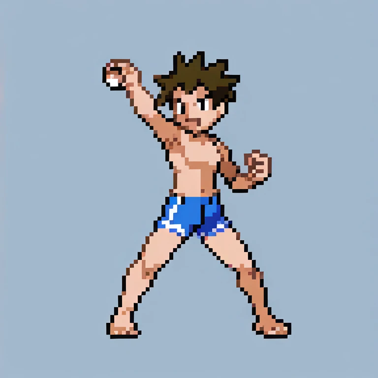 ((56x56 sprite)), ((56x56 trainer sprite pixelart)),masterpiece, best quality, 1boy, gen2, pokeball, fullbody, Pokémon trainer styled in the 56x56 pixel art of the Pokémon Gold, Silver, and Crystal games. The trainer has a muscular build with an open white lab coat, revealing his toned chest and abs. He sports blue-striped swim trunks and is holding a Poké Ball in his right hand, with his left hand raised high, showing excitement and confidence. His hair is spiky and dark, with a matching beard, and he wears a blue pendant around his neck.