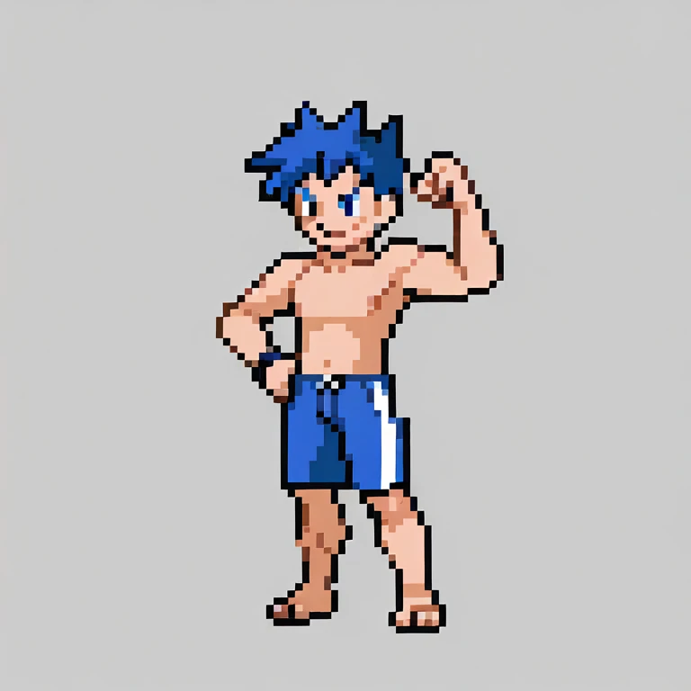 ((56x56 sprite)), ((56x56 trainer sprite pixelart)),masterpiece, best quality, 1boy, gen2, pokeball, fullbody, Pokémon trainer styled in the 56x56 pixel art of the Pokémon Gold, Silver, and Crystal games. The trainer has a muscular build with an open white lab coat, revealing his toned chest and abs. He sports blue-striped swim trunks and is holding a Poké Ball in his right hand, with his left hand raised high, showing excitement and confidence. His hair is spiky and dark, with a matching beard, and he wears a blue pendant around his neck.
