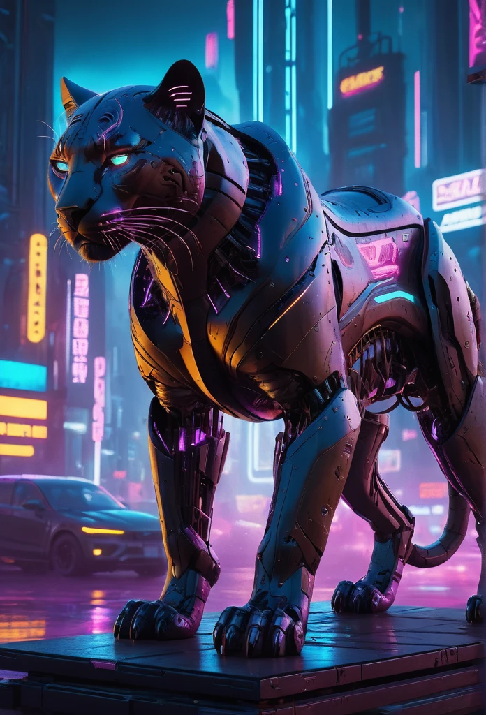cyberpunk panther, steampunk elements, seamlessly blended cyberpunk environment, mysterious and dystopian ambiance, masterpiece digital art, highly detailed, 8k, photorealistic, cinematic lighting, vibrant colors, intricate mechanical details, glowing cybernetic enhancements, dynamic pose, dramatic shadows, neon city background, gritty futuristic atmosphere