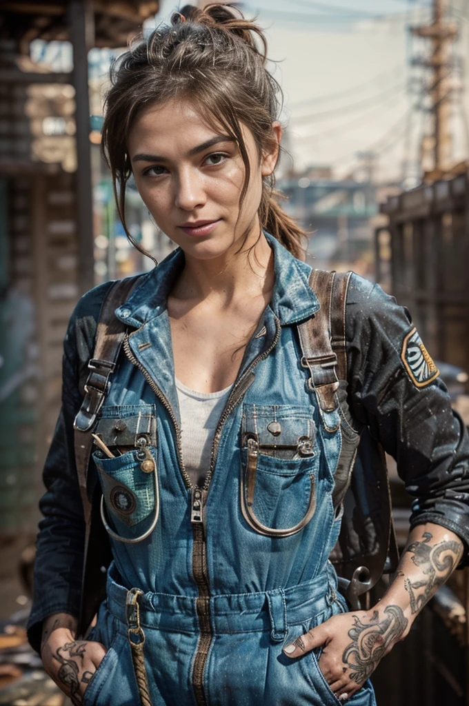 ((best quality)), ((masterpiece)), (detailed), mesmerizing and alluring female mechanic covered in grease,Confident smile,Look into the camera,(Dirty and rugged body:1.2), (tough and confident demeanor:1.1), (mechanical expertise:1.3), ponytail hair, smudged face with a playful smirk, (zippered workpack coveralls:1.3) loose from her bare body, exposed breast and abs, cluttered repair shop, scattered car parts, (authentic automotive ambiance:1.2), (inocent gaze:1.1), gripping a wrench in her dirty hands, 8k resolution,looking at another, looking away,(irezumi tattoo:1.2), masterpiece, best quality,Photorealistic, ultra-high resolution, photographic light