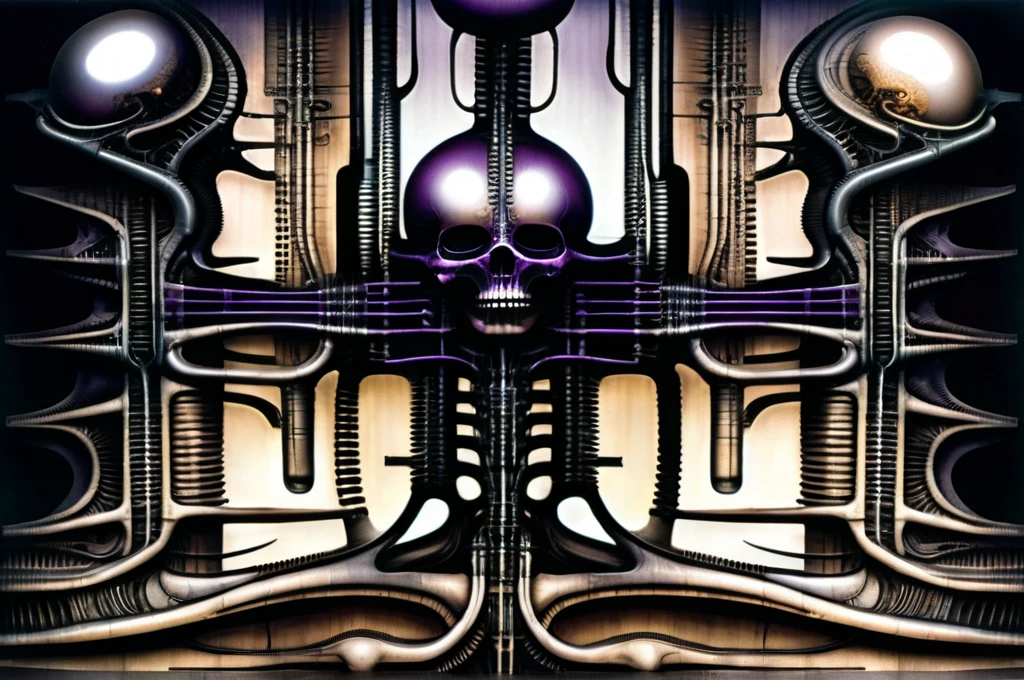 g1g3r t4bl3 The image is a detailed view of H.R. Giger's Tableau \" Biomechanical Landscape No 312 \" plate.
 The image is a  photograph of a complex, abstract bone and ivory structure that resembles pipes and wires. The structure is composed of numerous pipes and wires intertwining and overlapping each other in a chaotic yet harmonious manner.
The style  is clearly biomechanical. Features combination of organic and mechanical forms. Mechanical elements dominate the background of composition, there are subtle organic hints. The use of undersaturated purple-grays dark contrasts creates a stark and graphic look. Is used a variety of linework techniques to create different textures. Fine, parallel lines create a smooth, metallic texture,while thicker, more cursive lines suggest cables or wires. The artwork is shiny and purplish brown, with an ivory bones prominently displayed. The image is highly detailed and intricate, almost like a 3d version of a medical diagram (detailed view of an anatomy sketch, possibly of a humanoid body, with transparent organs and bones exposed). The piece has a thick mechano-organic texture and is covered in fine details. The image has a swirling, organic quality to it. The artistic manner would be unmistakably Gigeresque. A dark and unsettling beauty would permeate the piece, blurring the lines between fascination and repulsion , forever haunted by the grotesque allure. Giger's signature artistic manner would be evident in every stroke. The airbrush would be wielded with masterful precision to create a hyperrealistic yet yet nightmarish aesthetic.
 The texture of ivory with signs of burning and fossilization can be seen in the mix of smooth and rough brushstrokes. By Peter mohrbacher