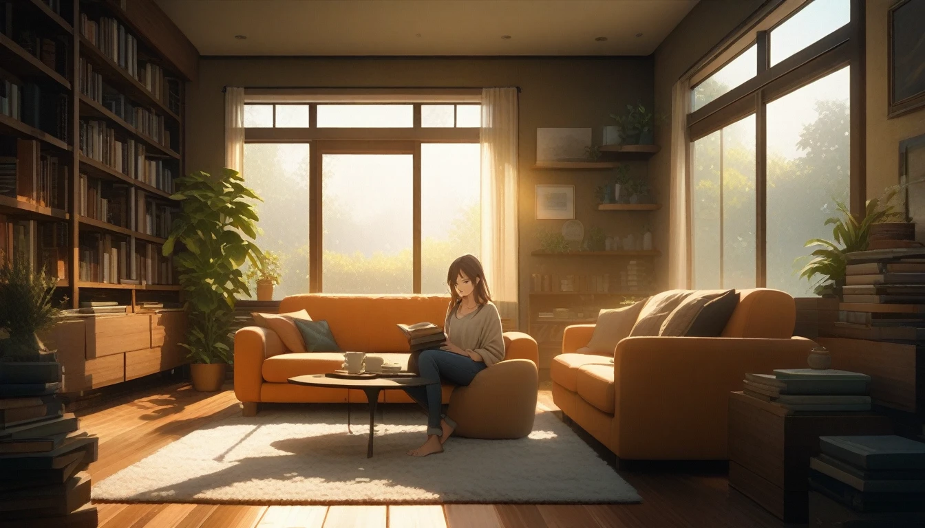 A high-quality, high-resolution anime illustration of a 20-year-old beautiful woman, full-body view, standing in a cozy living room, detailed background, warm colors, casual clothing, sunlight streaming through the window, coffee table with a cup of tea, bookshelf filled with books, plants in the corner, realistic lighting, morning light, relaxed atmosphere, soft shadows, wooden floor, modern decor, comfortable and inviting space, high detail, vibrant colors, expressive facial features, natural pose