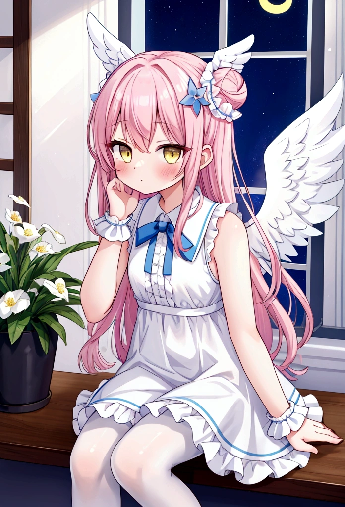 1girl, mika \(blue archive\), solo, scrunchie, wings, pink hair, wrist scrunchie, looking at viewer, flower, dress, hair ornament, long hair, head rest, yellow eyes, white dress, night, sleeveless, white pantyhose, hair bun, sleeveless dress, single side bun, hair flower, sitting, window, white wings, halo, blush, bangs, crescent, low wings, frilled dress, potted plant, indoors, angel wings, star \(sky\), sky, frills, night sky, pantyhose, blurry background, very aesthetic, absurdres