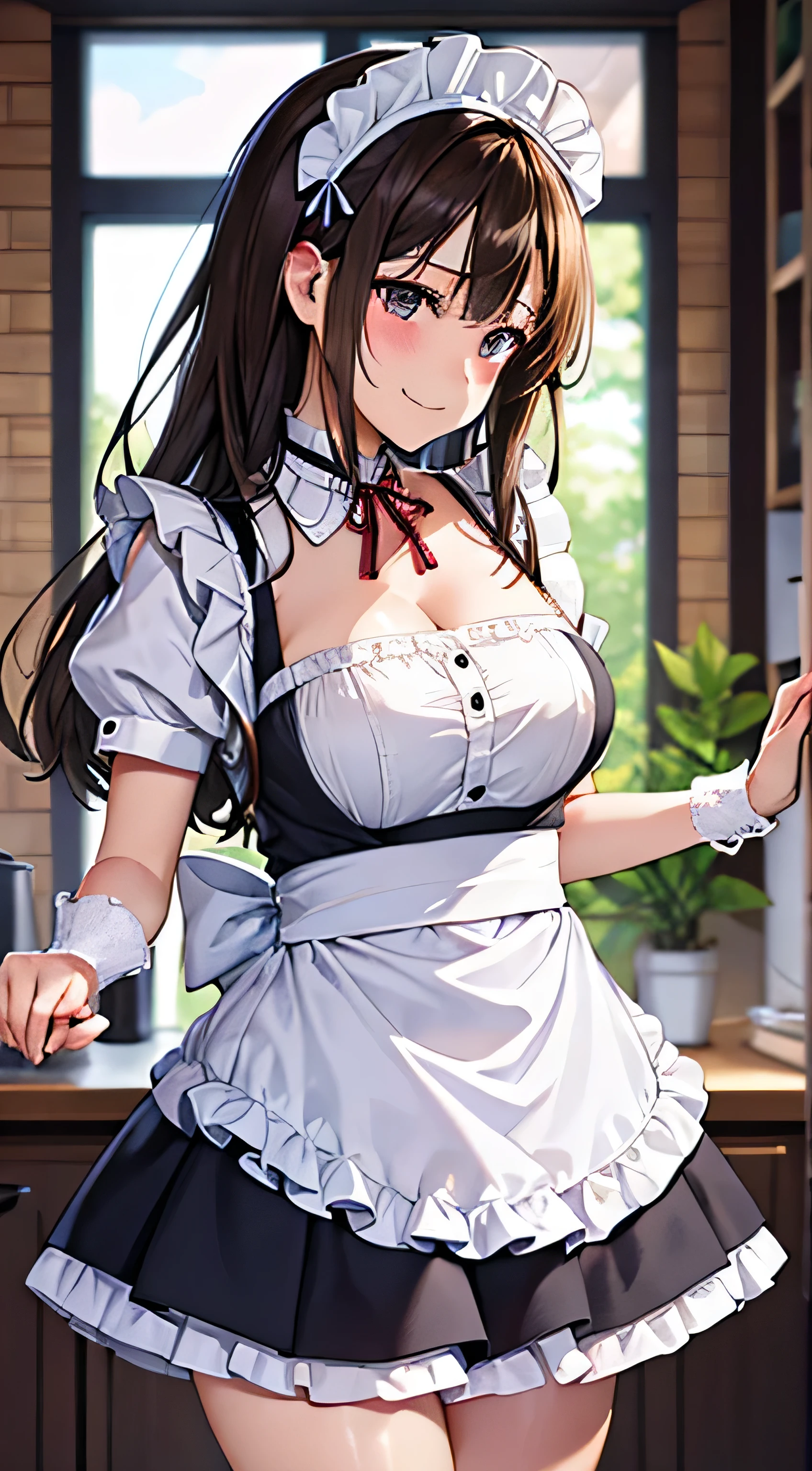 ((Tabletop, Highest quality, High resolution, , Pixel Perfect, 4K,))), One beautiful woman, private teacher、The whole body is visible、 ((Mid-wave hair, bangs, Brown Hair)), ((Brown eyes, Beautiful eyelashes, Realistic eyes)), ((Detailed face, Blushing:1.2)), ((Smooth texture:0.75, Realistic texture:0.65, Realistic:1.1, Anime CG Style)), Medium size chest, Dynamic Angle, Perfect body, (( , ,  、White frilly apron, Maid clothes、Frilled short sleeve shirt、Maid clothesフリルスカート))、Cooking in the kitchen、、I can see all your pants、Very embarrassing panic smile, 、、、、(Pink floral lace panties are visible、)、Angle from below)、