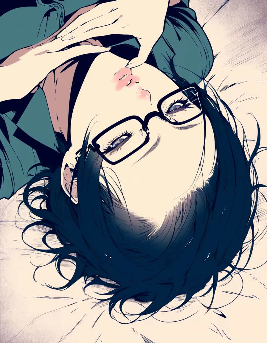 ultra-detailed:1.3, ultra delicate and detailed face:1.3, (absurdres, texture, masterpiece), ennui, pixiv contest winner, by Posuka Demizu, dynamic manga-style illustration of slender girl with glasses is lying, moist eyes, moist and thick lips, head tilt, head back,