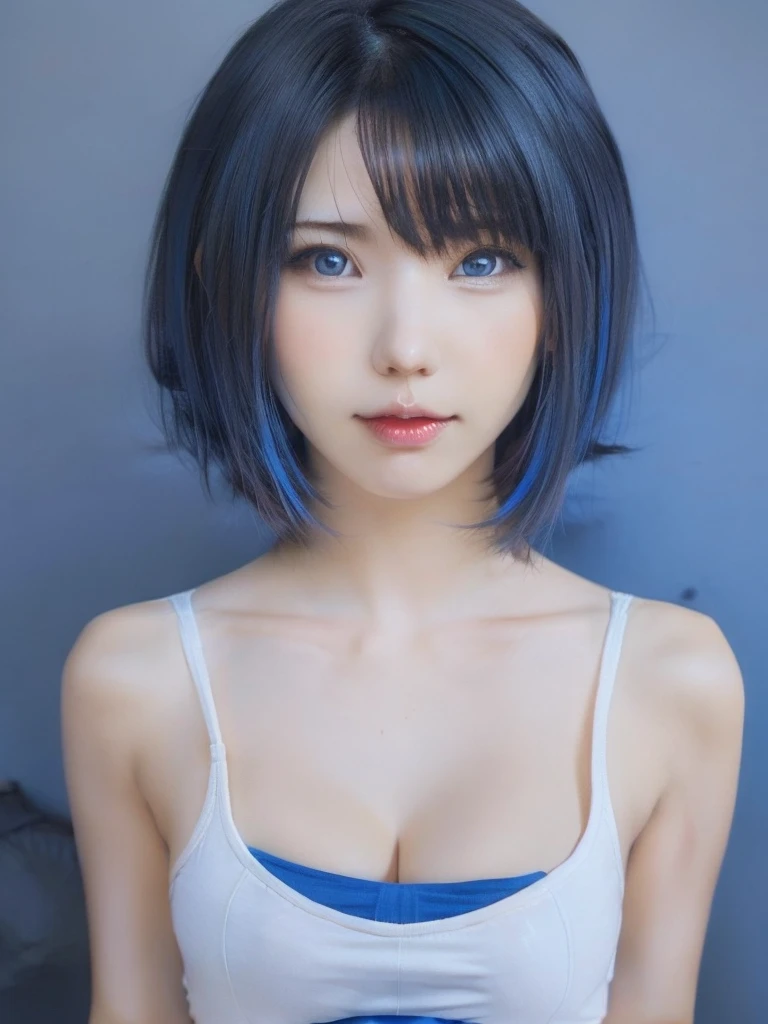 short blue haired woman, with a lewd face, having intercourse, POV perspective