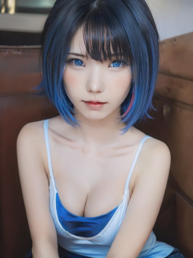 1girl, solo, looking_at_viewer, short_hair, blue_eyes, simple_background, original, blue_hair, closed_mouth, multicolored_hair, portrait