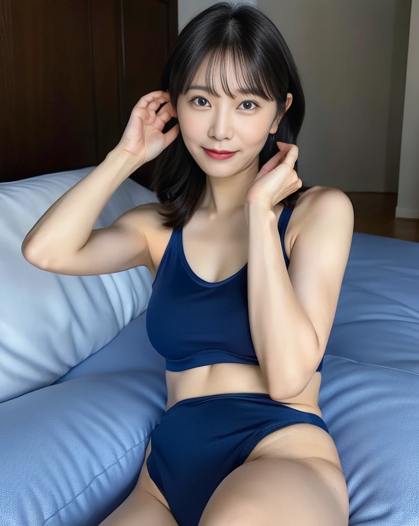 Asian woman in her 50s taking a photo wearing blue underwear