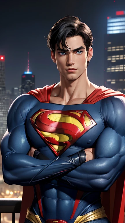 1boy, superman, abs, bara, black hair, blue ????????, blue eyes, ????????, cape, closed mouth, crossed arms, large pectorals, male focus, muscular, muscular male, pectoral lift, pectorals, red cape, short hair, outdoors, skyscrapers, solo, superhero, upper body , ((masterpiece))