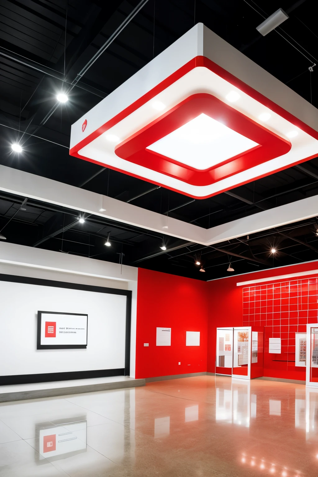  Create an image of an entrepreneurship museum at the Catholic University of Cuenca with bright red and white colors. The museum must have the name "Kalary" prominent at the entrance and within the space, with holographic projections that tell the story of student innovation and creativity. Hexagonal shelves display products developed by entrepreneurs, and the environment must be modern and energizing, with LED lighting in white and red tones, in addition to interactive stations to learn about the entrepreneurial process.