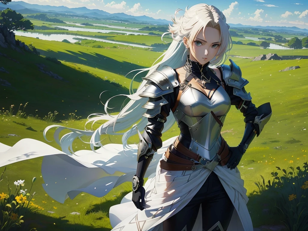 anime - image de style d&#39;une femme en armure debout dans un champ, cushart krenz art clé féminin, artgerm et atey ghailan, 2. oeuvre fantastique d&#39;anime cgi 5 d, Magnifique paladin femelle, par Krenz Cushart, d&#39;une belle femme chevalier, fille en armure, Krenz Cushart et Artgerm, art de personnage époustouflant