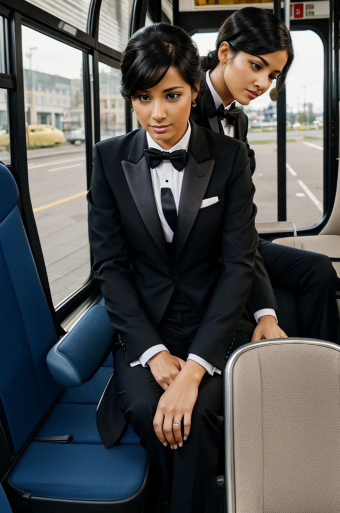 A bird in a tuxedo giving up the bus seat to a beautiful woman