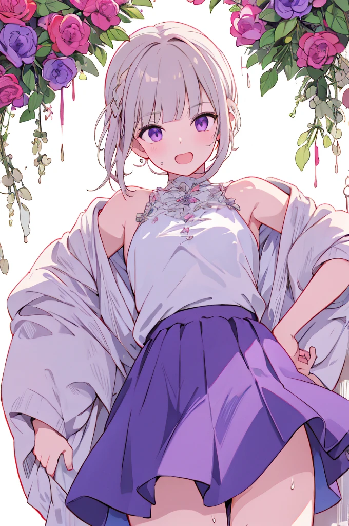 1 girl ,(from above:1.2),purple color hair、Purplish pink eyes that dreamers desire, (Blonde hair) , small stature, Colossal tits, Lori, (masutepiece:1.2, Best Quality), (finely detailed beautiful eye: 1.2), (beautifull detailed face), (Best Illumination, extremely delicate and beautiful), ((Cinematic Light)), Dramatic light, (Pale white background:1.5), Short bob hair(1:3)、Ultra Contrast、Braid a little around the ears, White long dress、only has 5 fingers、、Her pussy is visible through the white thong、Wet pants、You can see inside your underwear、full of sweat、mocking look、diaper、nffsw,Arms crossed、grab the arm、Shoot from above、The angle is as seen from below.、Best Quality、Large breastuscular pussy、Pubic hair,high-level image quality、hightquality、8K,perfect hand、5 fingers、finger pin、Perfect Finger、T back、Naked、noise cut、bullet hand、Her hair color should have been a brighter purple.The skirt part is also carefully expressed..、Purple skirt、the skirt is floating in the wind、Dark purple panties、Pubic hair majority,A scene of make cooking Carbonara Pasta in the kitchen,(with sparkling eyes and a contagious smile),open mouth, Looking at Viewer,