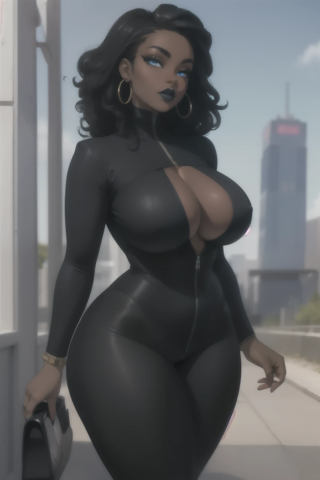 (best quality,4k,8k,highres,masterpiece:1.2), ultra-detailed, ((dark dark skinned ebony ebony ebony skin))(realistic,photorealistic,), darkdark skinned - ebony ebony-skinned female with long flowing curly black hair, wearing a black business suit and heels, chubby curvy, thicc, has large hips and decent breasts , has cold blue eyes, stern gaze,a few rings that adorned her finger and black lipstick