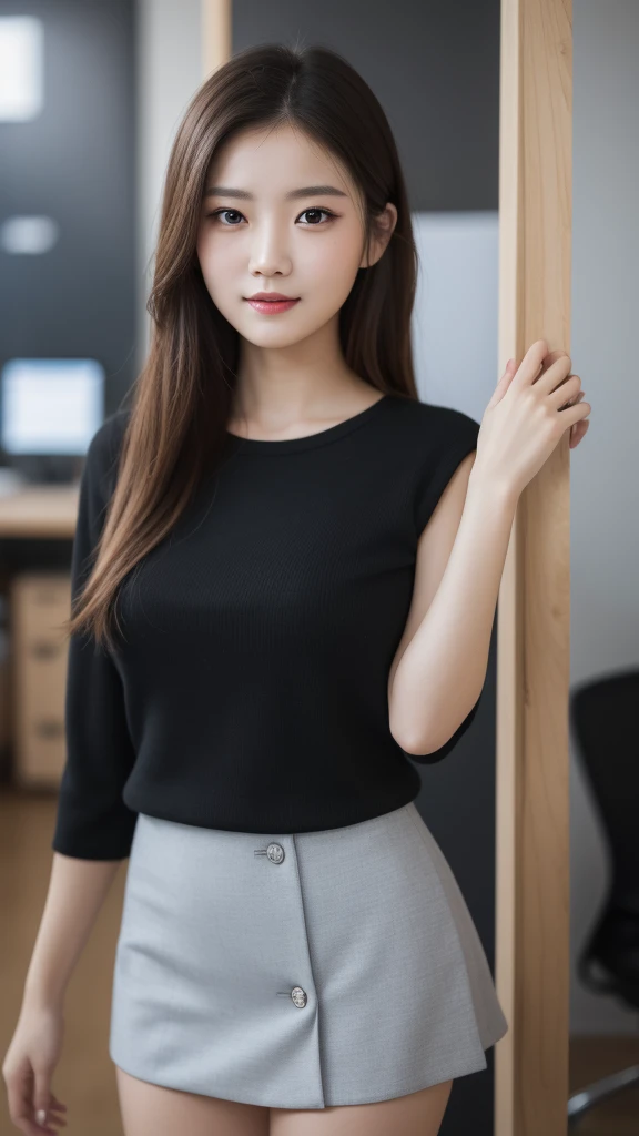 (1girl), (round eyes:1.2), (highly detailed face and eyes), smile, Amazing face and eyes, (Best Quality:1.4), (Ultra-detailed), (extremely detailed CG unified 8k wallpaper), Highly detailed, High-definition raw color photos, Professional Photography, Realistic portrait, Amazing face and eyes, indoors, office, (office lady, casual, No sleeve, :1.3), (A moment of relaxation), model, depth of fields, (fine face:1.2),