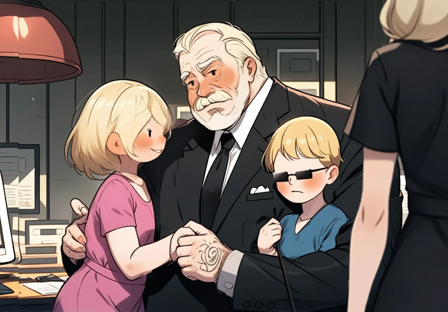 children's picture books,crayon paintings, blusheS, a mafia boss 1 old man, fat, mafia boss happy, 45 years old, black expensive suite, white short hair, tattos, hugging his 5 years old son blond wearing a blue t shirt and sun glasses with his left arm and hugging his 8 years old daughter wearing a pink dress with his right arm , in the office