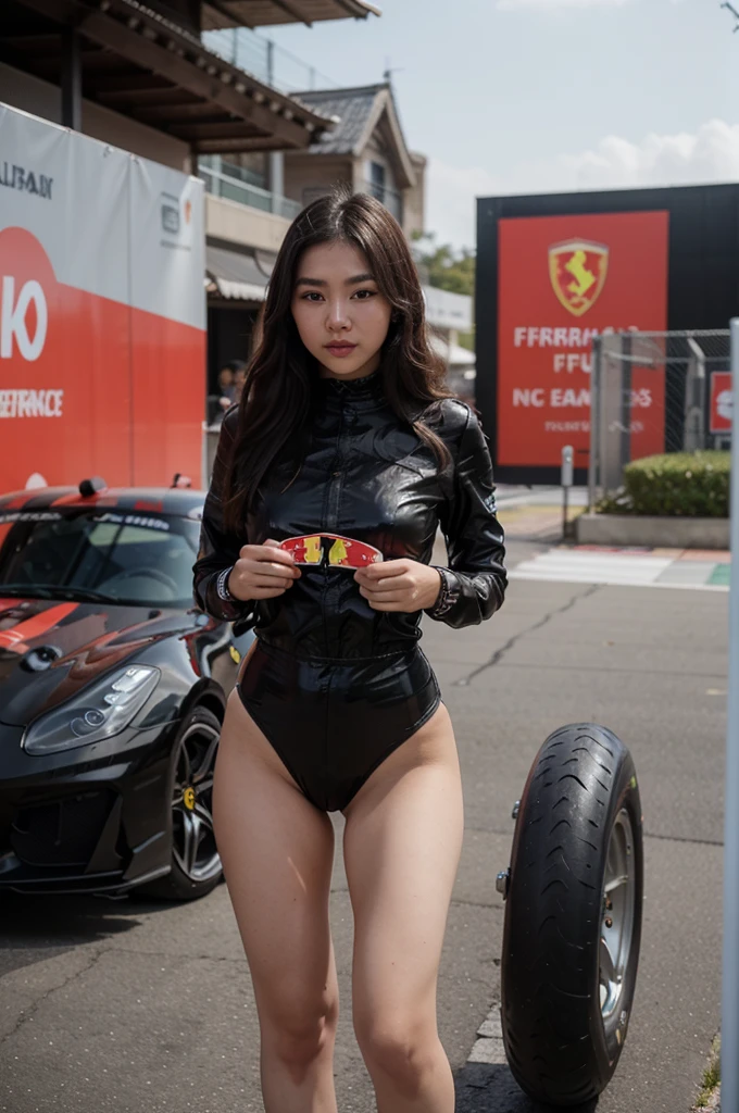 A Korean girl with a Ferrari Formula 1 team theme, with a ???? outfit referring to the Ferrari team, with a car referring to the Ferrari team