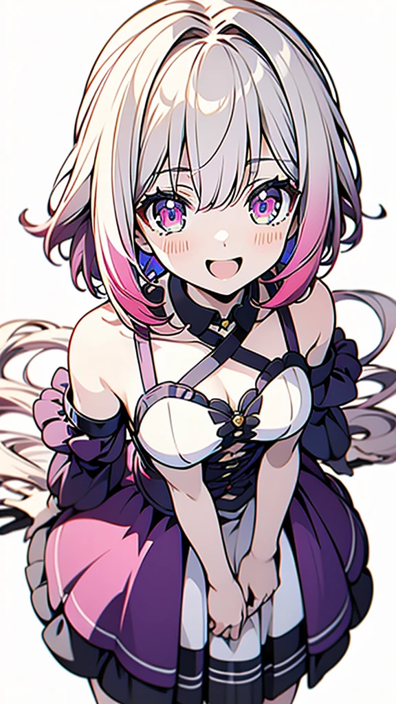 1 girl ,(from above:1.2),purple color hair、Purplish pink eyes that dreamers desire, (Blonde hair) , small stature, Colossal tits, Lori, (masutepiece:1.2, Best Quality), (finely detailed beautiful eye: 1.2), (beautifull detailed face), (Best Illumination, extremely delicate and beautiful), ((Cinematic Light)), Dramatic light, (Pale white background:1.5), Short bob hair（1:3）、Ultra Contrast、Braid a little around the ears, White long dress、only has 5 fingers、、Her pussy is visible through the white thong、Wet pants、You can see inside your underwear、full of sweat、mocking look、diaper、nffsw,Arms crossed、grab the arm、Shoot from above、The angle is as seen from below.、Best Quality、Large breastuscular pussy、Pubic hair,high-level image quality、hightquality、8K,perfect hand、5 fingers、finger pin、Perfect Finger、T back、Naked、noise cut、bullet hand、Her hair color should have been a brighter purple.The skirt part is also carefully expressed..、Purple skirt、the skirt is floating in the wind、Dark purple panties、Pubic hair majority,A scene of make cooking Carbonara Pasta in the kitchen,(with sparkling eyes and a contagious smile),open mouth, Looking at Viewer, 