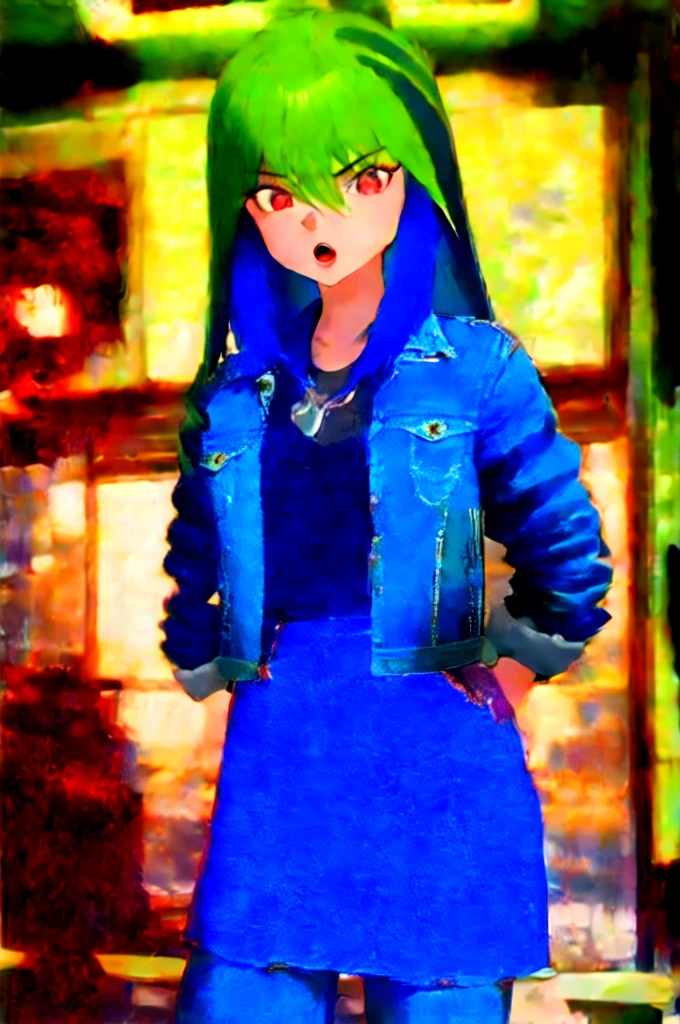 1girl, cowboy shot, classroom, angry, open mouth,
zakennjya_neeyo, red eyes, multicolored hair, green hair, blue hair, two-tone hair, long hair, hair between eyes, denim jacket, denim skirt, best quality, masterpiece, highres,