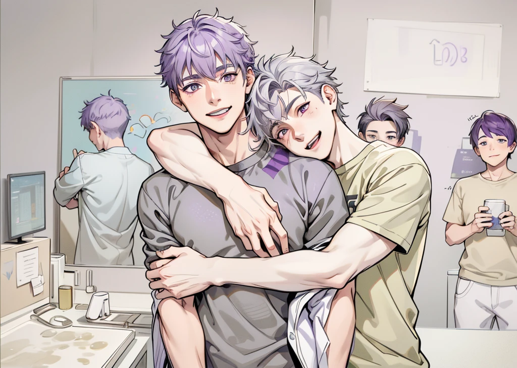 There are two 16-year-old male boys with purple hair and gray hair., purple eyes and gray eyes hug him they smile lovingly his brothers are behind smiling