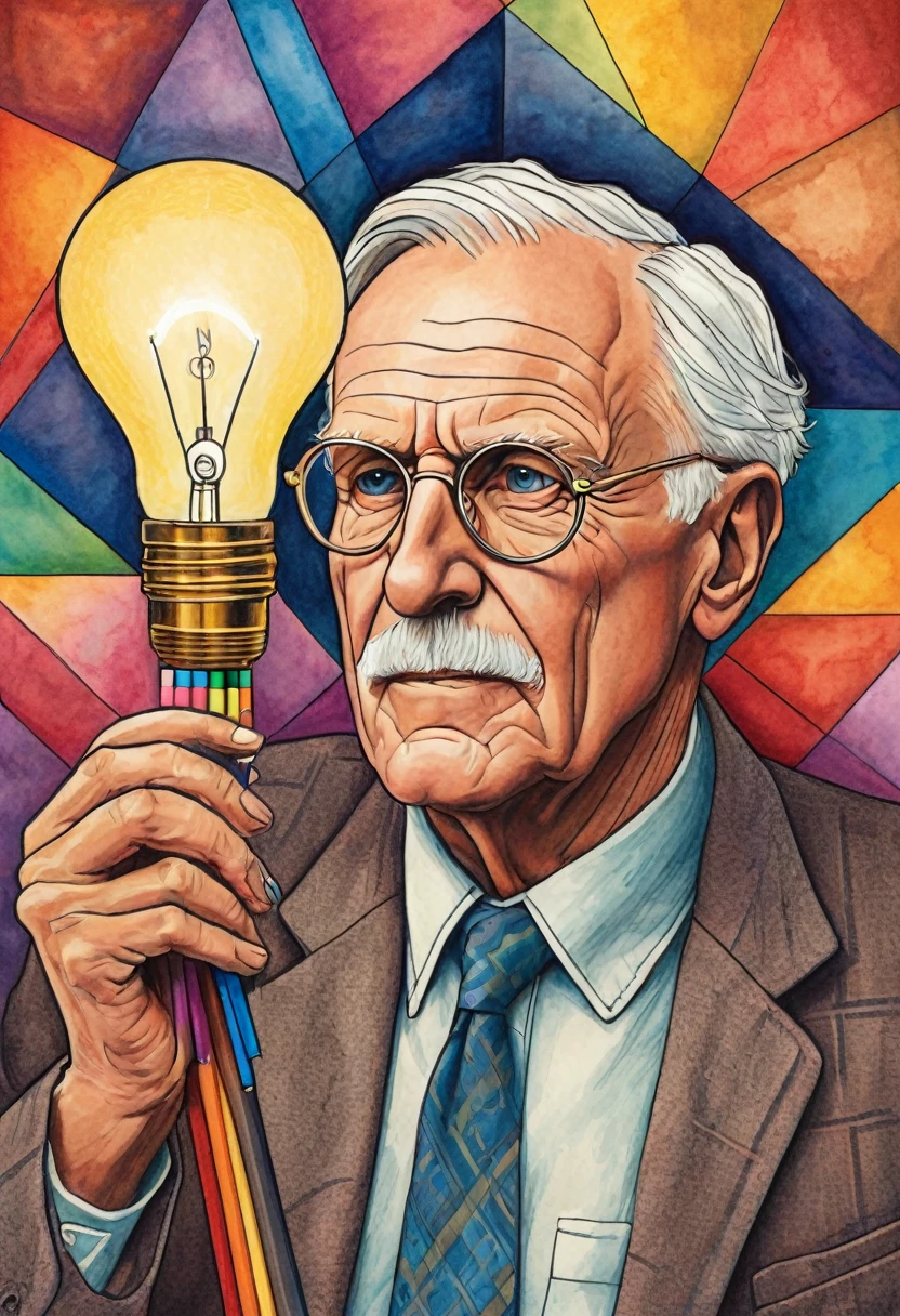 Drawing of Carl Jung having an idea (put a lamp) made with colored pencils, like a t-shirt logo and a colorful geometric art background 