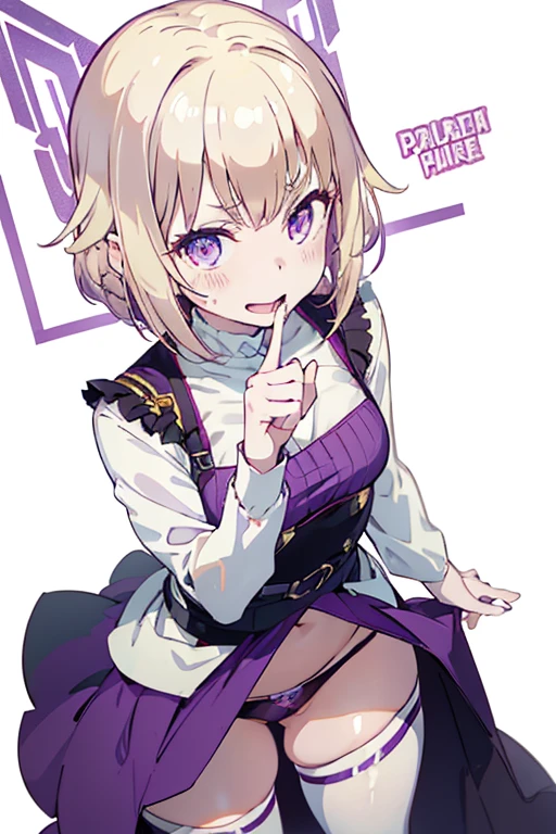 1 girl ,(from above:1.2),purple color hair、Purplish pink eyes that dreamers desire, (Blonde hair) , small stature, Colossal tits, Lori, (masutepiece:1.2, Best Quality), (finely detailed beautiful eye: 1.2), (beautifull detailed face), (Best Illumination, extremely delicate and beautiful), ((Cinematic Light)), Dramatic light, (Pale white background:1.5), Short bob hair(1:3)、Ultra Contrast、Braid a little around the ears, White long dress、only has 5 fingers、、Her pussy is visible through the white thong、Wet pants、You can see inside your underwear、full of sweat、mocking look、diaper、nffsw,Arms crossed、grab the arm、Shoot from above、The angle is as seen from below.、Best Quality、Large breastuscular pussy、Pubic hair,high-level image quality、hightquality、8K,perfect hand、5 fingers、finger pin、Perfect Finger、T back、Naked、noise cut、bullet hand、Her hair color should have been a brighter purple.The skirt part is also carefully expressed..、Purple skirt、the skirt is floating in the wind、Dark purple panties、Pubic hair majority,A scene of make cooking Carbonara Pasta in the kitchen,(with sparkling eyes and a contagious smile),open mouth, Looking at Viewer,
