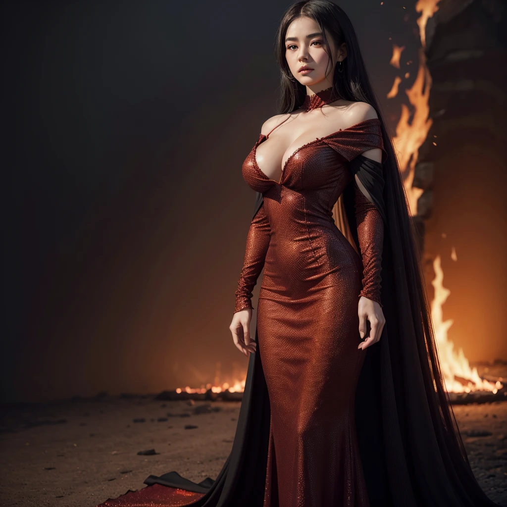 Create a woman wearing an elegant dress made of dark blood red dragon scales with a slight black gradient. The dress has a slight neckline and points at the end of the dress and at the end of the mango it has a slightly burnt appearance and orange-red from fire.