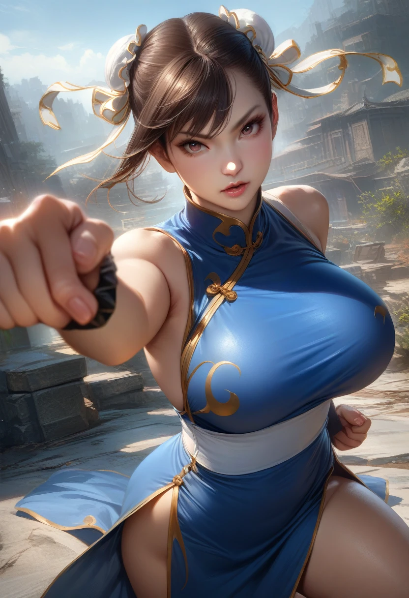 Chun-Li,blue chinese dress,perfect hands, perfect finger,perfect anatomy, masterpiece, best quality,realistic, hyperrealistic, 16k hdr,1girl, large breasts,fighting pose, outdoor,strong wind