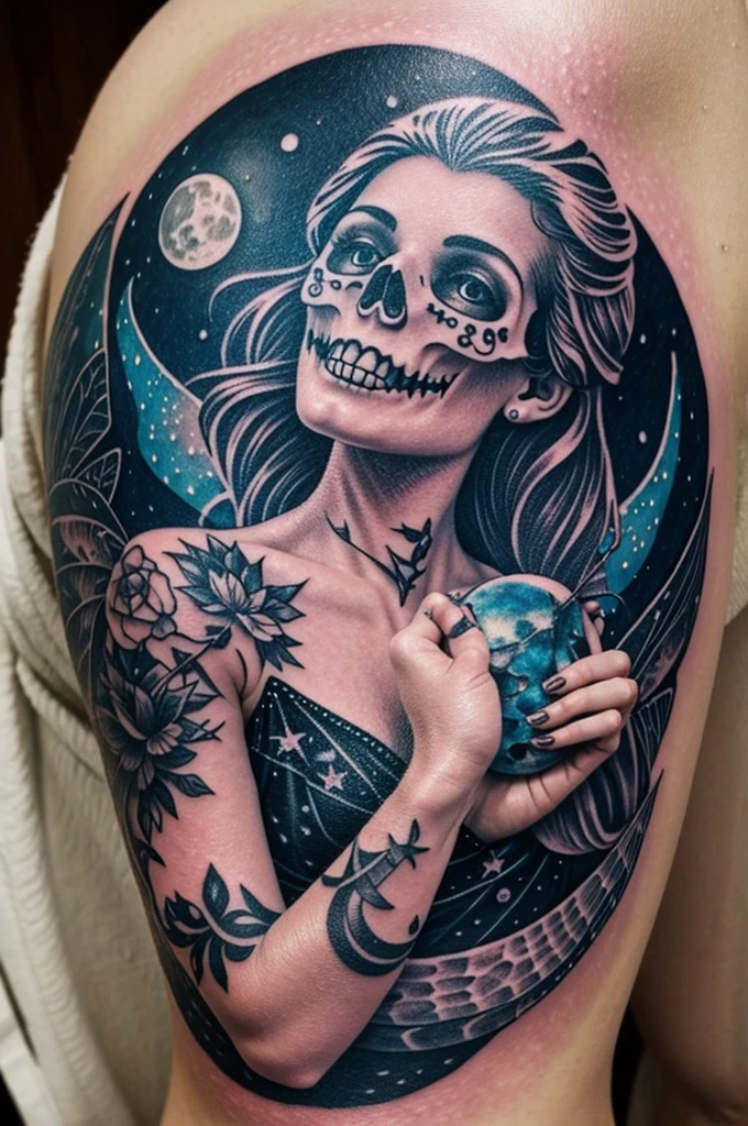 Fairy on the moon holding a skull tattoo 