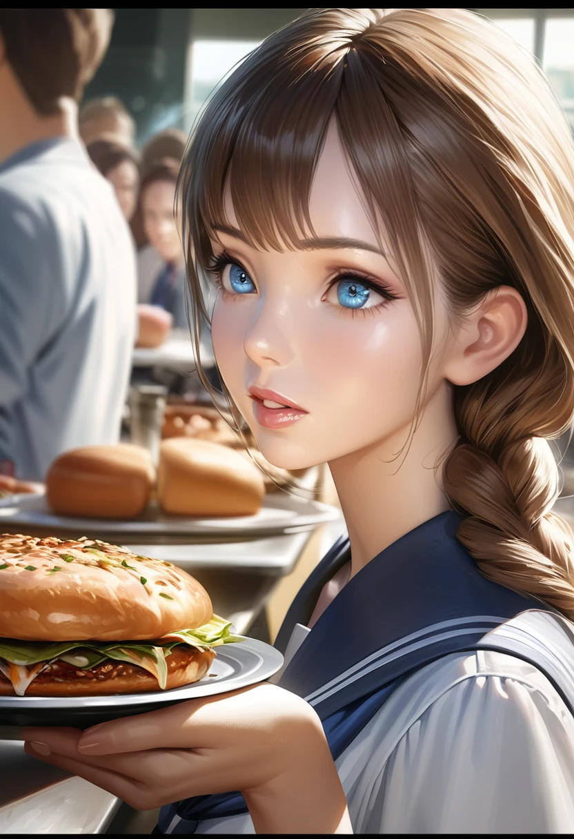 1 girl,beautiful detailed eyes,beautiful detailed lips,extremely detailed eyes and face,long eyelashes,sailor uniform,short braided hair,high school cafeteria,crowded cafeteria,people eating lunch,professional illustration,best quality,4k,8k,highres,masterpiece:1.2,ultra-detailed,realistic,photorealistic,photo-realistic:1.37,HDR,UHD,studio lighting,ultra-fine painting,sharp focus,physically-based rendering,extreme detail description,professional,vivid colors,bokeh,anime style