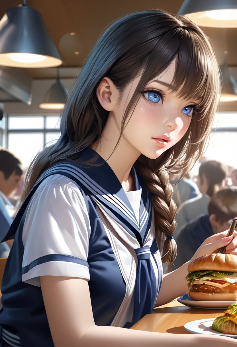 1 girl,beautiful detailed eyes,beautiful detailed lips,extremely detailed eyes and face,long eyelashes,sailor uniform,short braided hair,high school cafeteria,crowded cafeteria,people eating lunch,professional illustration,best quality,4k,8k,highres,masterpiece:1.2,ultra-detailed,realistic,photorealistic,photo-realistic:1.37,HDR,UHD,studio lighting,ultra-fine painting,sharp focus,physically-based rendering,extreme detail description,professional,vivid colors,bokeh,anime style