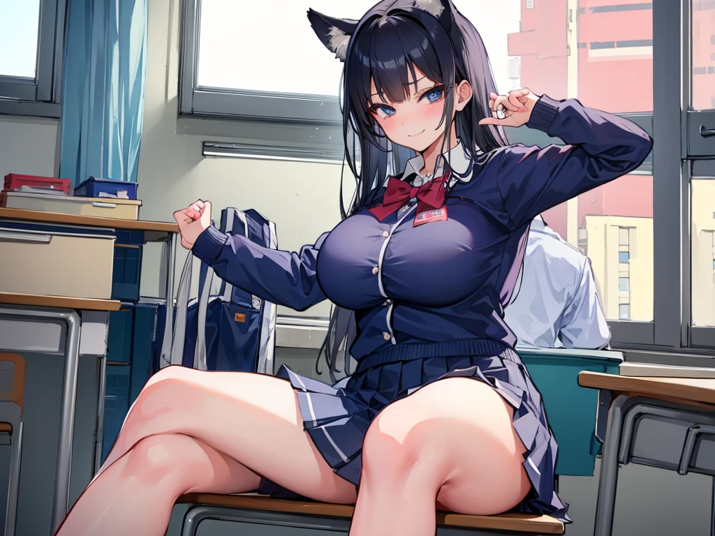 high school girl、In uniform、School classroom、(Big Breasts)、((独奏))、one girl、smirk、Crossing legs、alone