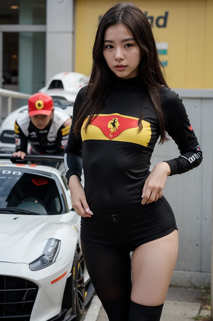 A Korean girl with a Ferrari Formula 1 team theme, with a sexy outfit referring to the Ferrari team, with black colors, red and yellow with a car referring to the Ferrari team