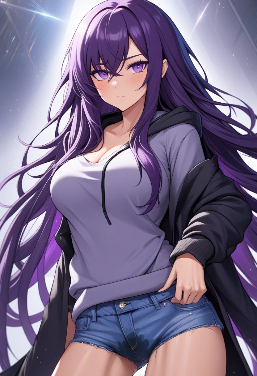 (masterpiece:1.37), best quality, (extremely detailed:1.37) woman, (mature:1.75), (adult:1.5), (very long hair:1.5), dark purple hair, purple eyes, (extremely detailed eyes:1.37), breasts stylish hoodie, jeans, (wetting herself:1.5), standing straight, full body day, daytime, glow, facing viewer, perfect composition, full body