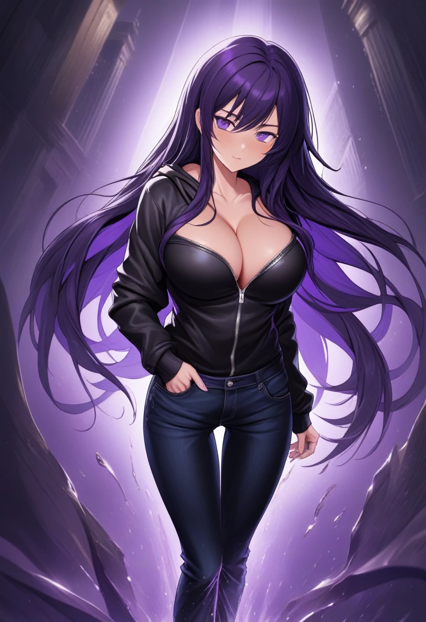 (masterpiece:1.37), best quality, (extremely detailed:1.37) woman, (mature:1.75), (adult:1.5), (very long hair:1.5), dark purple hair, purple eyes, (extremely detailed eyes:1.37), breasts stylish hoodie, jeans, (wetting herself:1.5), standing straight, full body day, daytime, glow, facing viewer, perfect composition, full body