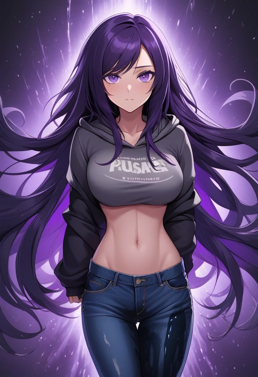 (masterpiece:1.37), best quality, (extremely detailed:1.37) woman, (mature:1.75), (adult:1.5), (very long hair:1.5), dark purple hair, purple eyes, (extremely detailed eyes:1.37), breasts stylish hoodie, jeans, (wetting herself:1.5), standing straight, full body day, daytime, glow, facing viewer, perfect composition, full body