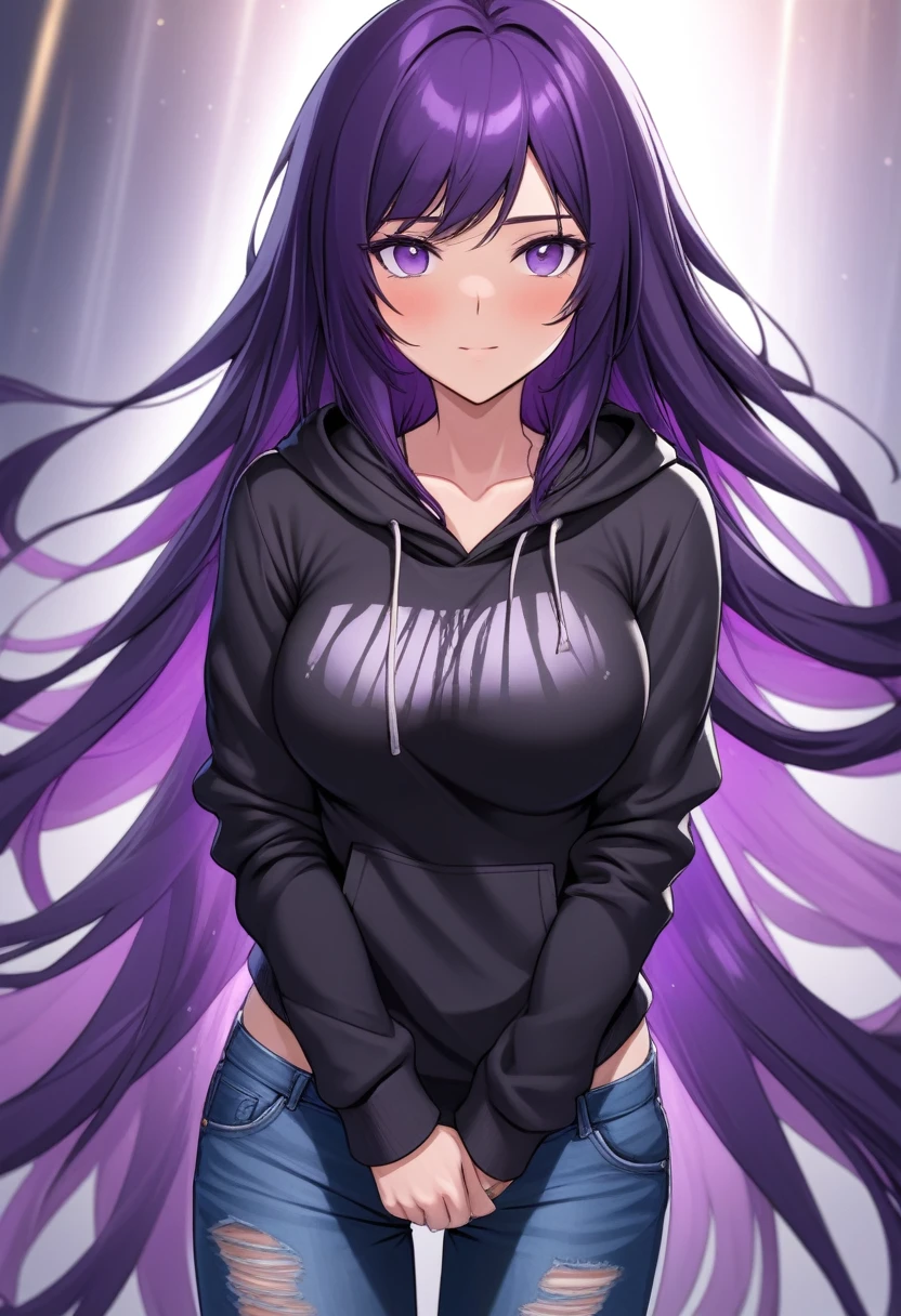 (masterpiece:1.37), best quality, (extremely detailed:1.37) woman, (mature:1.75), (adult:1.5), (very long hair:1.5), dark purple hair, purple eyes, (extremely detailed eyes:1.37), breasts stylish hoodie, jeans, (wetting herself:1.5), standing straight, full body day, daytime, glow, facing viewer, perfect composition, full body
